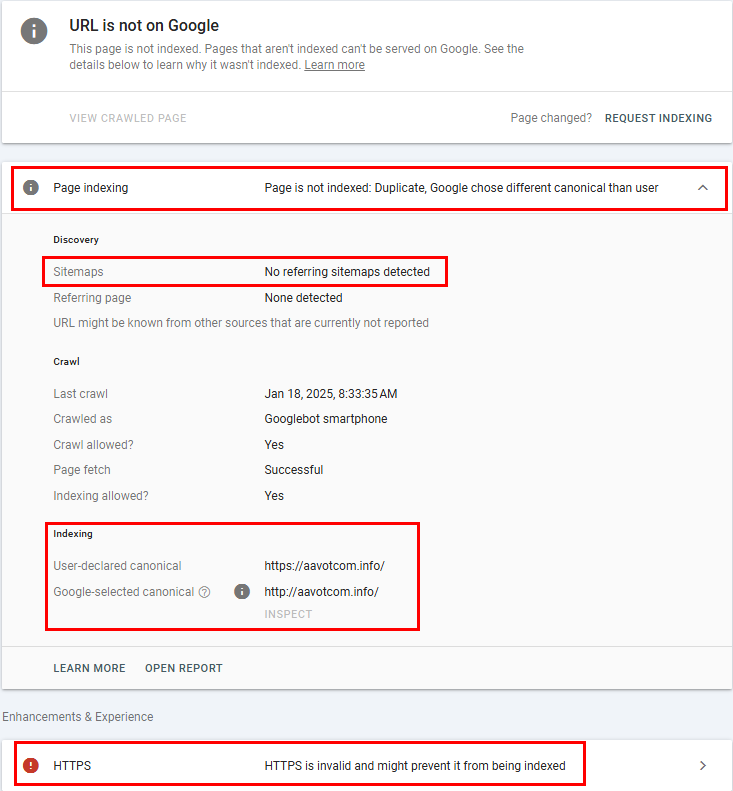 Page is not indexed: Duplicate, Google chose different canonical than user