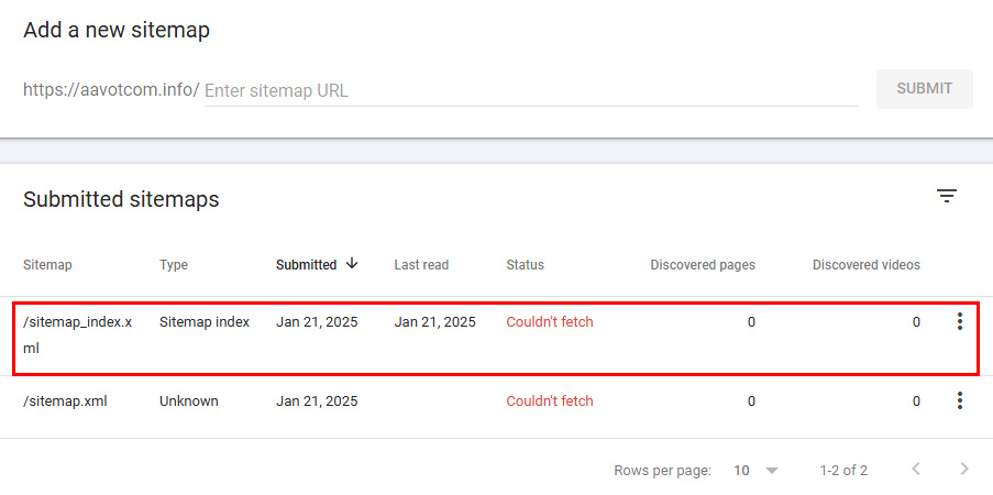 search console sitemap could't fetch